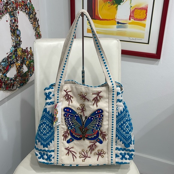 america & beyond Handbags - America & Beyond Cream/Blue/Turquoise Sparkly Beaded "Butterfly" Tote Bag